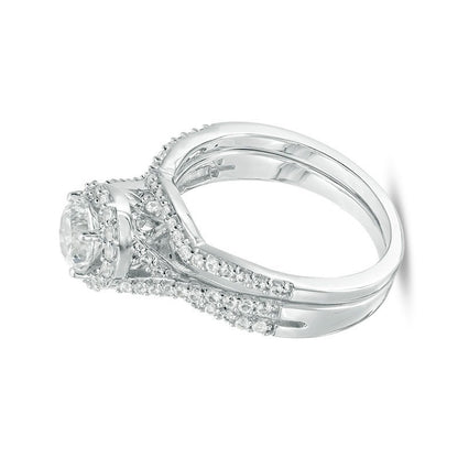 6.0mm Lab-Created White Sapphire Frame Criss-Cross Shank Bridal Set in Sterling Silver