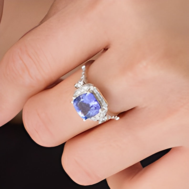 8.0mm Cushion-Cut Tanzanite and 0.5 CT. TW Diamond Octagonal Frame Side Accent Ring in 14K White Gold