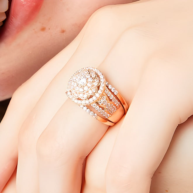1.5 CT. TW Diamond Frame Celtic-Style Flower Bridal Set in 10K Rose Gold