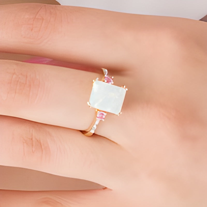 Emerald-Cut Lab-Created Opal and Pink Sapphire with Diamond Accent Three Stone Ring in 10K Gold