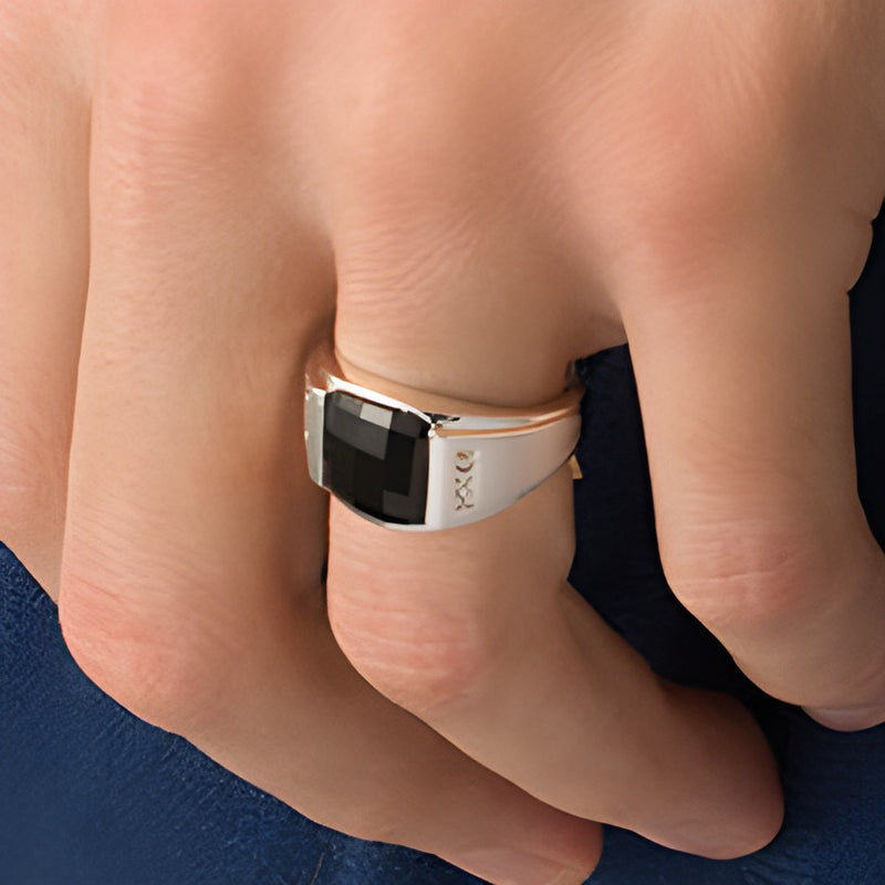Rectangle Faceted Onyx and Diamond Accent Multi-Finish Ring in 10K White Gold