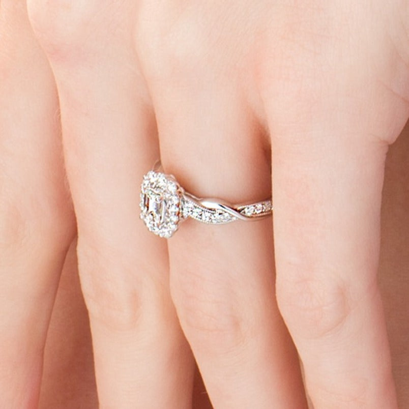 0.75 CT. TW Emerald-Cut Diamond Frame Twist Shank Vintage-Style Engagement Ring in 10K White Gold