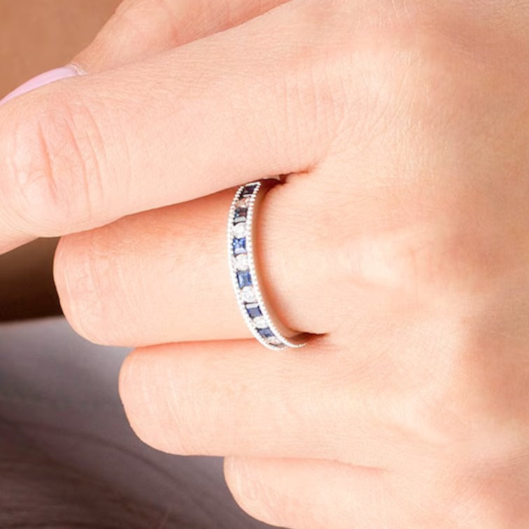 Princess-Cut Blue Sapphire and 0.2 CT. TW Diamond Milgrain Border Alternating Geometric Band in 14K White Gold