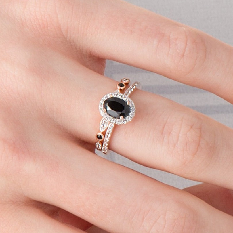 Oval Black Spinel and Lab-Created White Sapphire Frame Art Deco Bridal Set in 10K Rose Gold