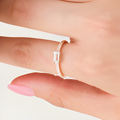 Sideways Baguette Aquamarine and 0.1 CT. TW Diamond Stackable Ring in 10K Rose Gold