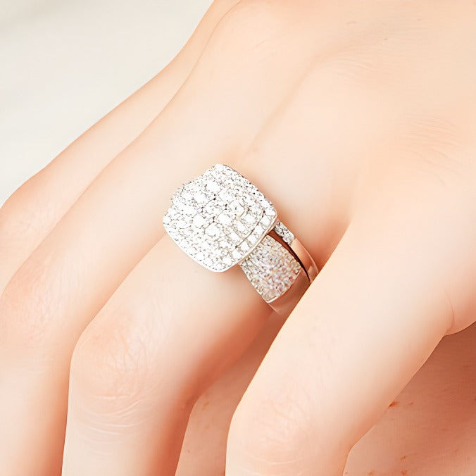 1.33 CT. TW Cushion Multi-Diamond Bow-Tie Bridal Set in 10K White Gold