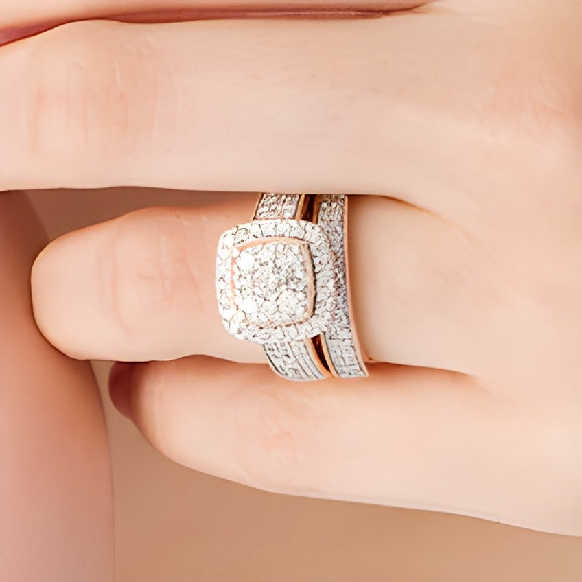 1.33 CT. TW Composite Cushion Diamond Frame Multi-Row Vintage-Style Bridal Set in 10K Rose Gold
