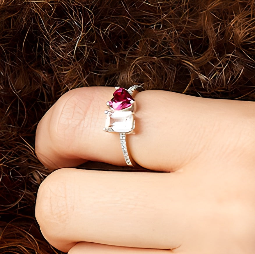 Heart-Shaped Lab-Created Ruby, Emerald-Cut White Lab-Created Sapphire and 0.07 CT. TW Diamond Ring in 10K White Gold