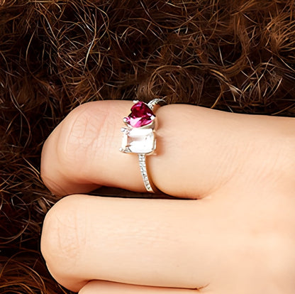 Heart-Shaped Lab-Created Ruby, Emerald-Cut White Lab-Created Sapphire and 0.07 CT. TW Diamond Ring in 10K White Gold
