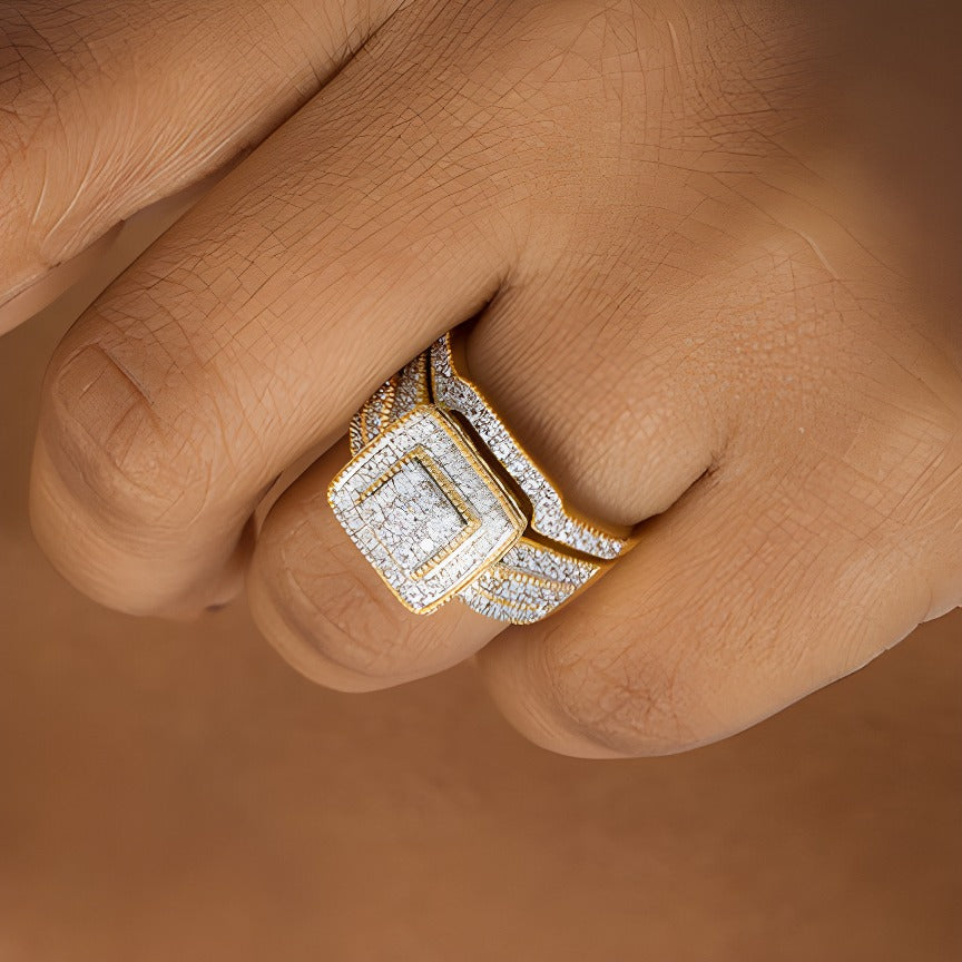 1.25 CT. TW Multi-Diamond Square Frame Vintage-Style Multi-Row Bridal Set in 10K Gold
