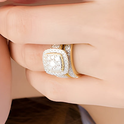 1.33 CT. TW Composite Cushion Diamond Frame Multi-Row Vintage-Style Bridal Set in 10K Gold