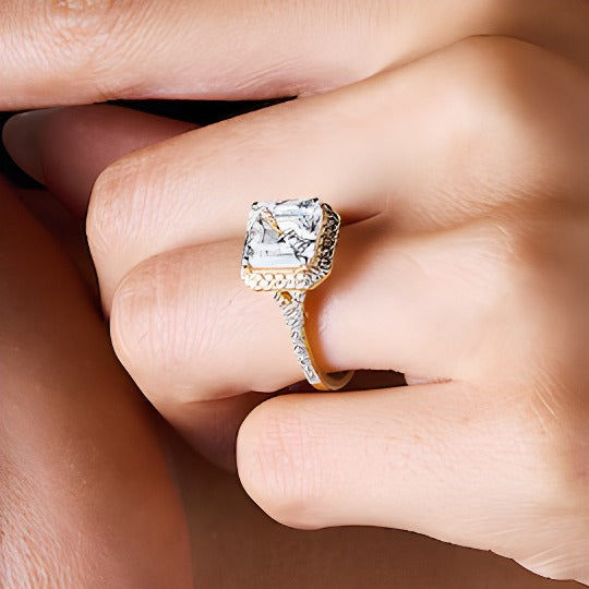 4.5 CT. TW Asscher-Cut Lab-Grown Diamond Frame Engagement Ring in 14K Yellow Gold (F/VS2)