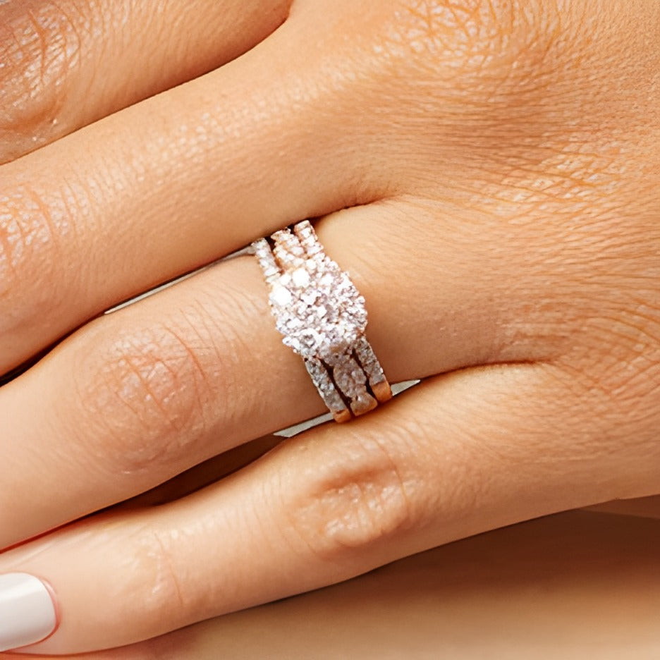 1.5 CT. TW Cushion Multi-Diamond Twist Shank Three Piece Bridal Set in 10K Rose Gold
