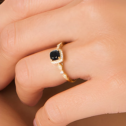 5.0mm Cushion-Cut Black Sapphire and 0.1 CT. TW Diamond Frame Art Deco Vintage-Style Engagement Ring in 10K Gold