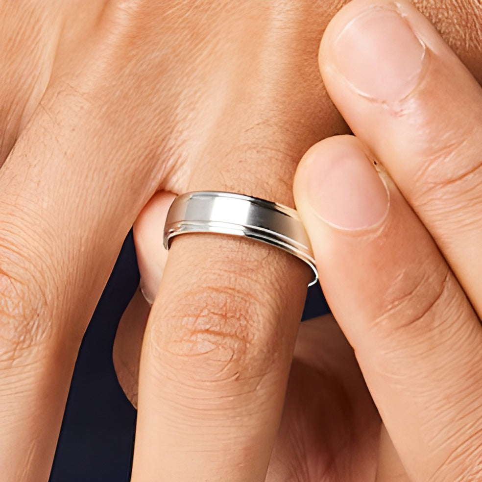 Men's 6.0mm Brushed Stepped Edge Wedding Band in 14K White Gold - Size 10