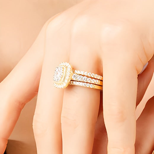 1.5 CT. TW Cushion Multi-Diamond Frame Three Piece Bridal Set in 10K Gold