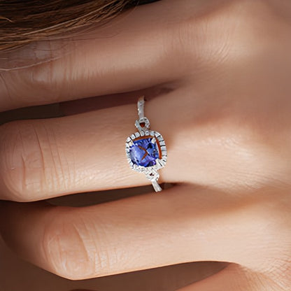 6.0mm Cushion-Cut Tanzanite and 0.17 CT. TW Diamond Frame Buckle Ring in 10K White Gold