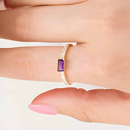 Sideways Baguette Amethyst and 0.1 CT. TW Diamond Stackable Ring in 10K Gold