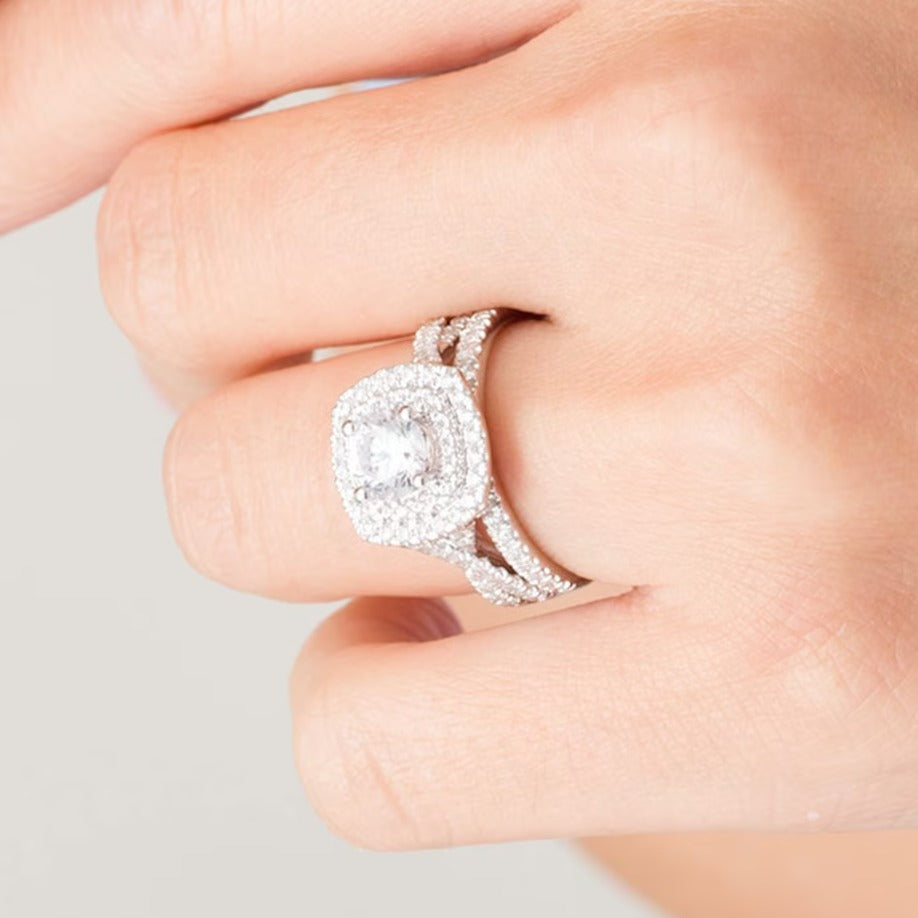 1.63 CT. TW Diamond Double Cushion Frame Twist Shank Bridal Set in 14K White Gold