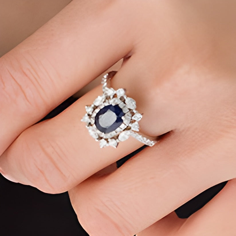 Oval Blue Sapphire and 1.0 CT. TW Diamond Cushion-Shape Starburst Frame Vintage-Style Ring in 14K White Gold