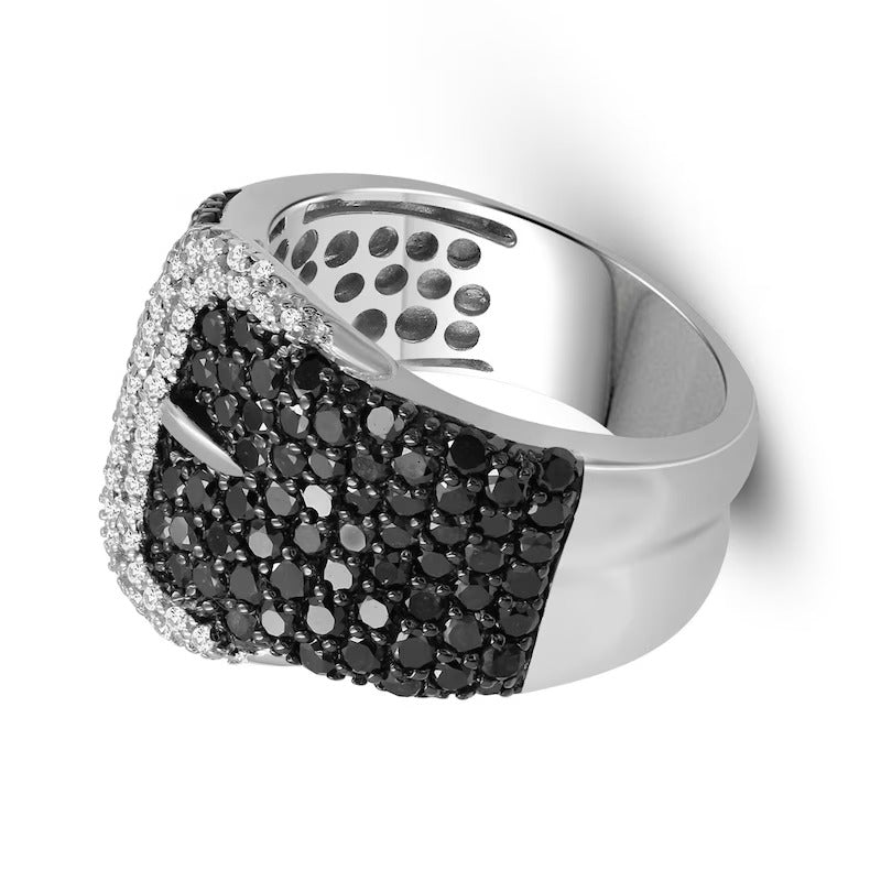 1.88 CT. TW Black and White Diamond Belt Buckle Ring in Sterling Silver