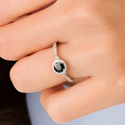 5.0mm Black Sapphire and 0.1 CT. TW Diamond Framed Tri-Sides Vintage-Style Engagement Ring in 10K White Gold