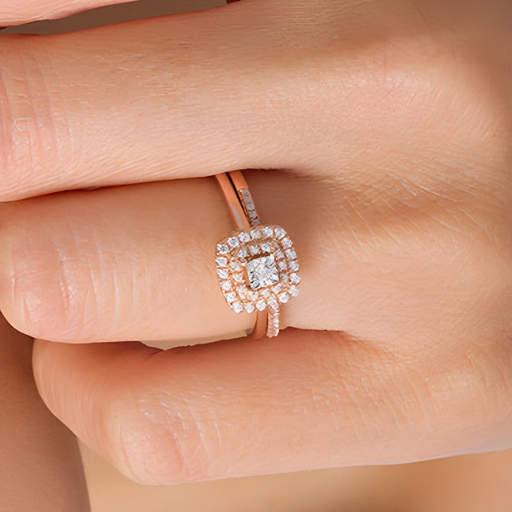 0.25 CT. TW Diamond Double Cushion Frame Bridal Set in 10K Rose Gold