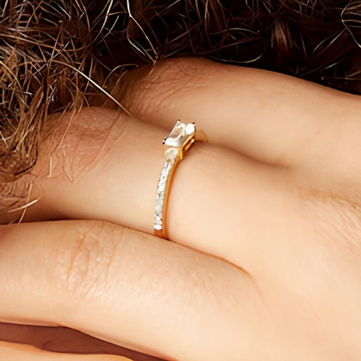 Sideways Baguette White Lab-Created Sapphire and 0.1 CT. TW Diamond PavÃ© Ring in 10K Gold