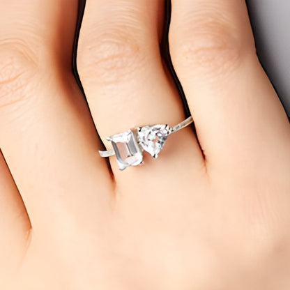 Heart-Shaped and Emerald-Cut White Lab-Created Sapphire and 0.07 CT. TW Diamond Ring in 10K White Gold
