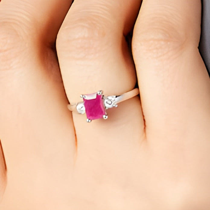 Emerald-Cut Ruby and 0.2 CT. TW Diamond Three Stone Ring in 14K White Gold