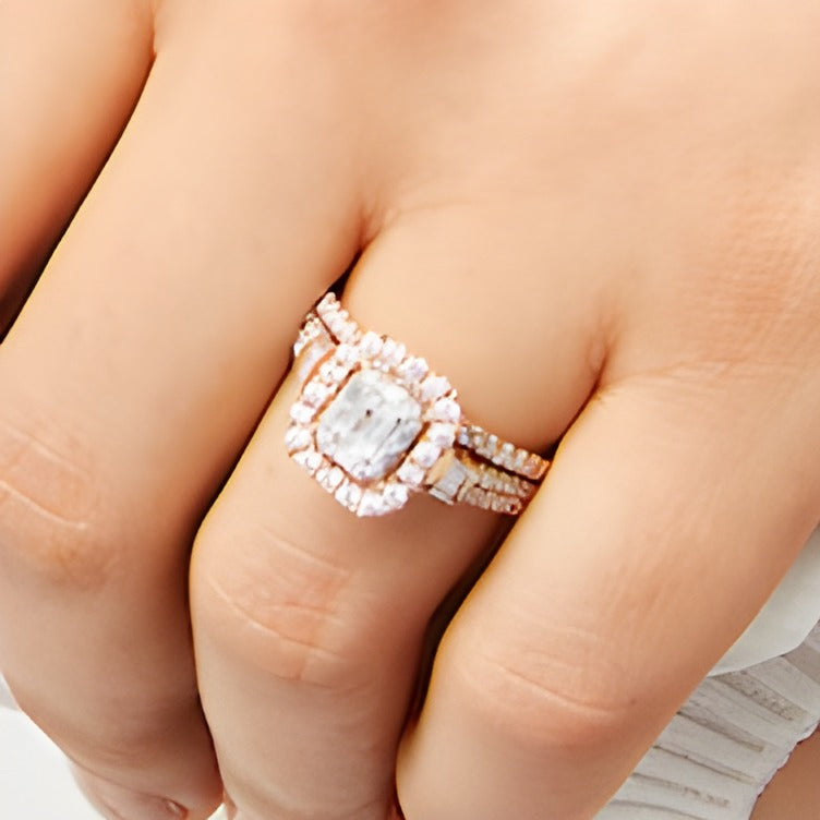 1.0 CT. TW Emerald-Cut Diamond Double Row Bridal Set in 10K Rose Gold