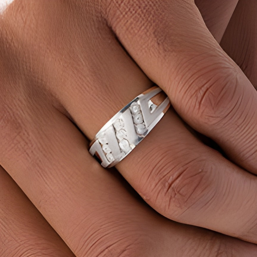 0.1 CT. TW Diamond Triple Row Slant Multi-Finish Ring in Sterling Silver