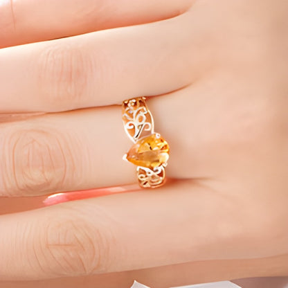 Pear-Shaped Citrine Wide Filigree Ring in 10K Gold