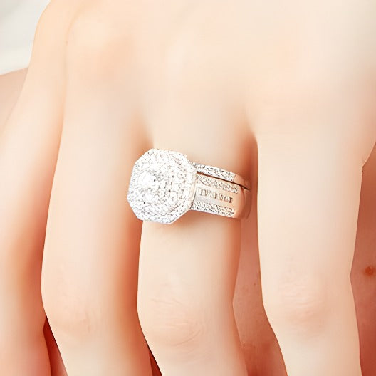 1.5 CT. TW Diamond Cushion Triple Row Octagon Frame Bridal Set in 10K White Gold