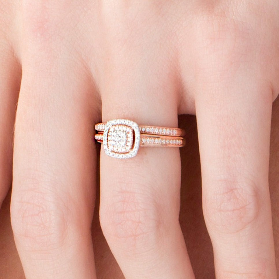 0.33 CT. TW Composite Diamond Double Cushion Frame Vintage-Style Bridal Set in 10K Rose Gold