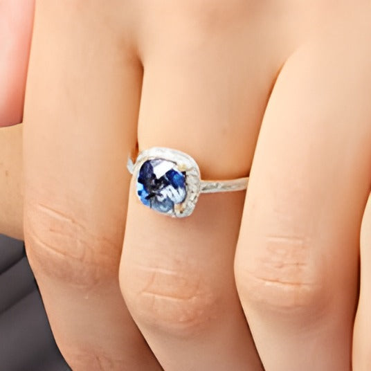 7.0mm Checkerboard Cushion-Shaped Blue Lab-Created Sapphire and 0.2 CT. TW Diamond Frame Ring in 10K Gold