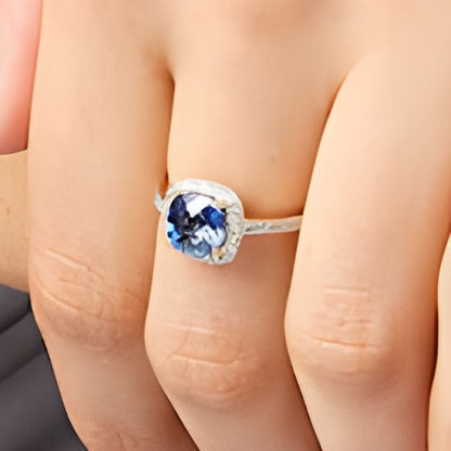 7.0mm Checkerboard Cushion-Shaped Blue Lab-Created Sapphire and 0.2 CT. TW Diamond Frame Ring in 10K Gold