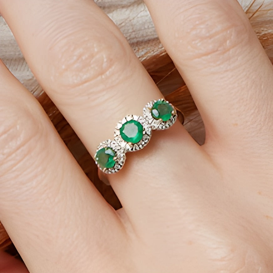 4.5mm Emerald and 0.2 CT. TW Diamond Frame Three Stone Ring in 14K Gold