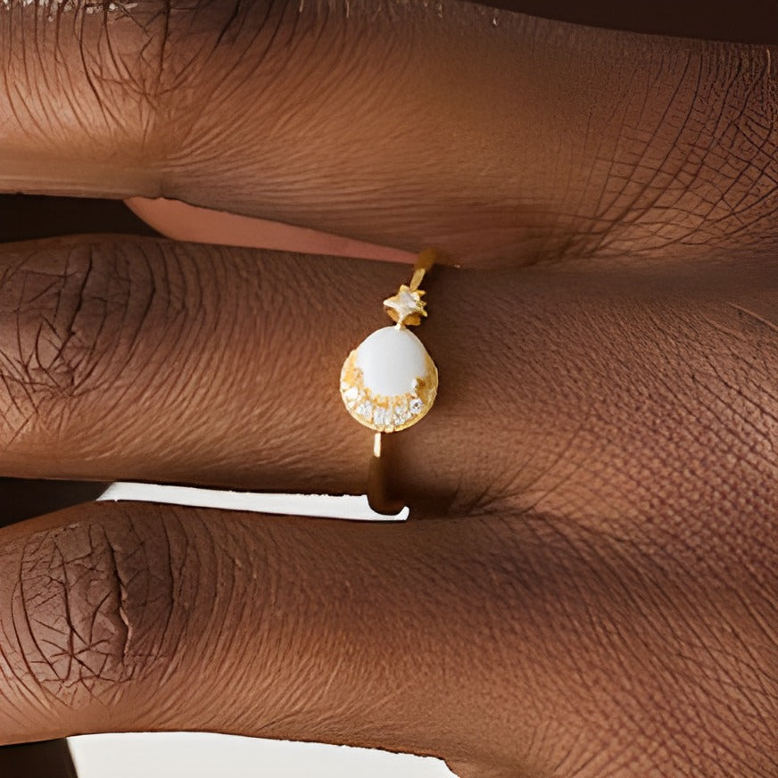 5.0mm Opal and Diamond Accent Crescent Moon and Star Ring in 10K Gold
