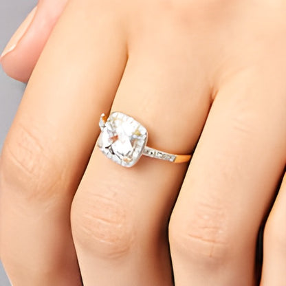 7.0mm Checkerboard Cushion-Shaped White Lab-Created Sapphire and 0.2 CT. TW Diamond Frame PavÃ© Ring in 10K Gold