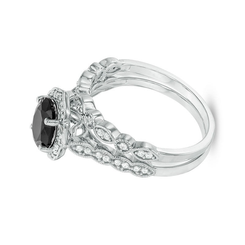 Oval Black Sapphire and 0.2 CT. TW Diamond Quatrefoil Frame Vintage-Style Bridal Set in 10K White Gold