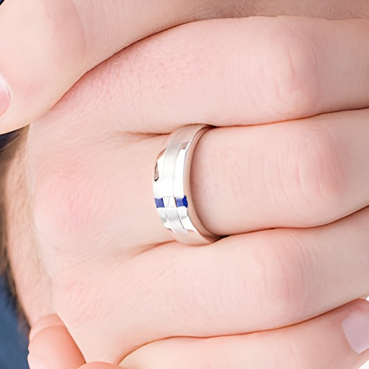 Square-Cut Blue Sapphire and 0.07 CT. Diamond Linear Three Stone Ring in 10KWhite Gold