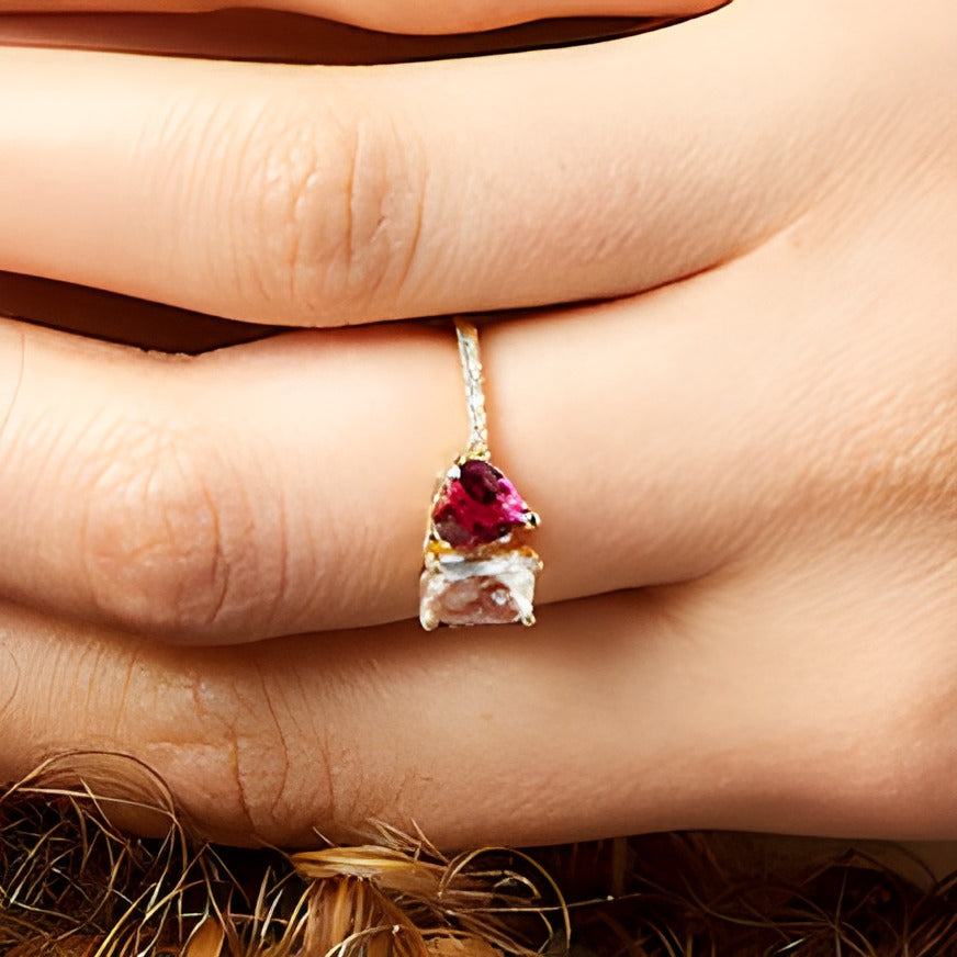 Heart-Shaped Lab-Created Ruby, Emerald-Cut White Lab-Created Sapphire and 0.07 CT. TW Diamond Ring in 10K Gold