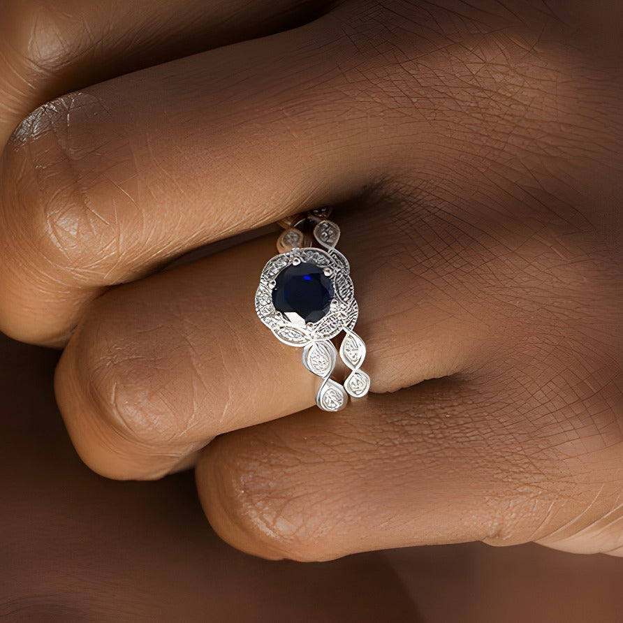 6.0mm Lab-Created Blue Sapphire and 0.2 CT. TW Diamond Frame Bridal Set in 10K White Gold