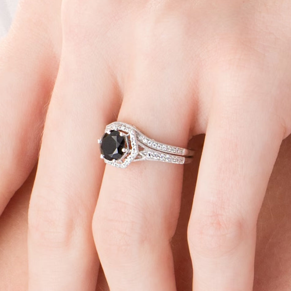 7.0mm Lab-Created Black Sapphire and 0.38 CT. TW Diamond Hexagonal Frame Vintage-Style Bridal Set in 10K White Gold