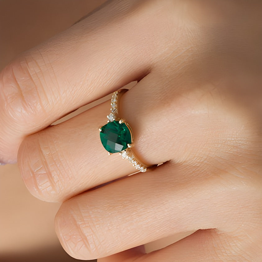 7.0mm Cushion-Shaped Lab-Created Emerald and 0.13 CT. TW Diamond Engagement Ring in 10K Gold
