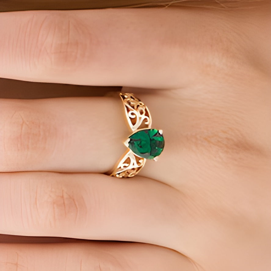 Pear-Shaped Lab-Created Emerald Wide Filigree Ring in 10K Gold