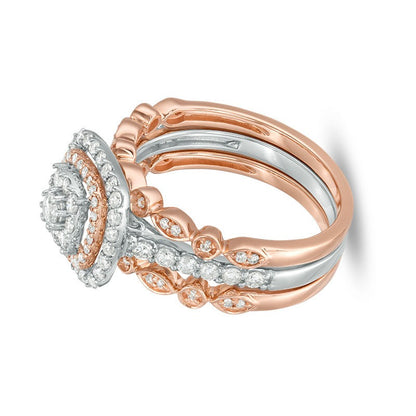 0.88 CT. TW Composite Diamond Double Cushion Frame Art Deco Vintage-Style Three Piece Bridal Set in 14K Two-Tone Gold
