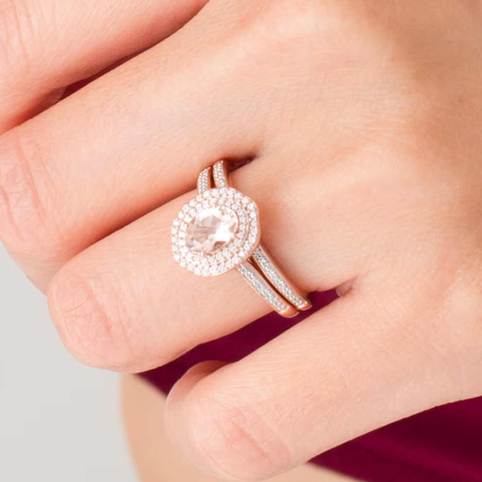 Oval Morganite and 0.25 CT. TW diamond Double Frame Floral Bridal Set in 10K Rose Gold