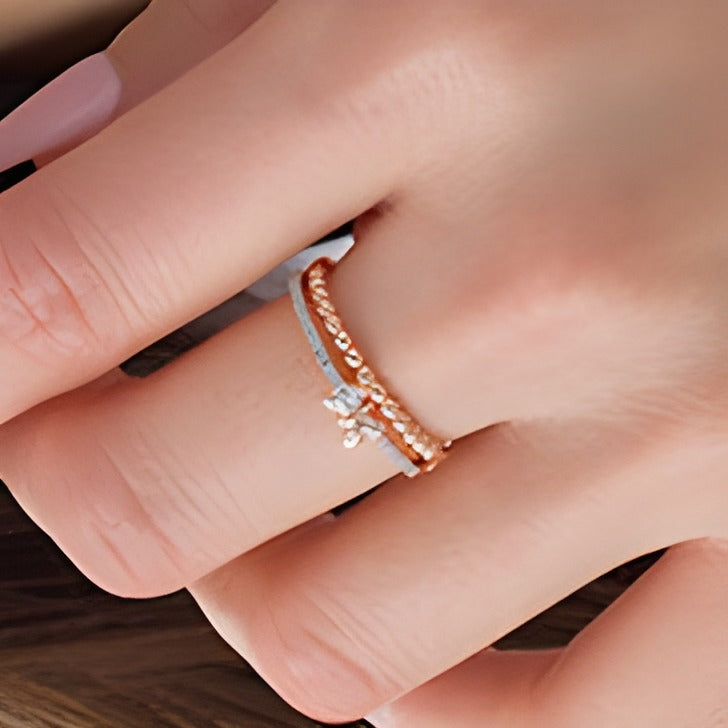 0.1 CT. TW Diamond and Beaded Butterfly Stacked Ring in 10K Rose Gold